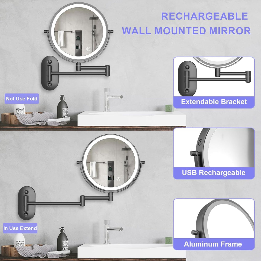 9" Gross Kosmetikspiegel Mit Beleuchtung Wandmontage USB Rasierspiegel Dusche Wandmontage 10X/1X Ver