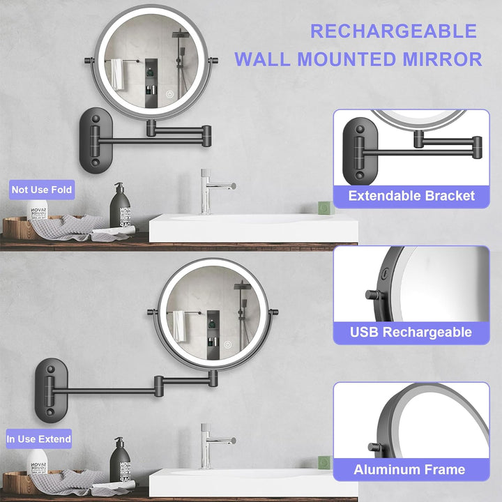 9" Gross Kosmetikspiegel Mit Beleuchtung Wandmontage USB Rasierspiegel Dusche Wandmontage 10X/1X Ver