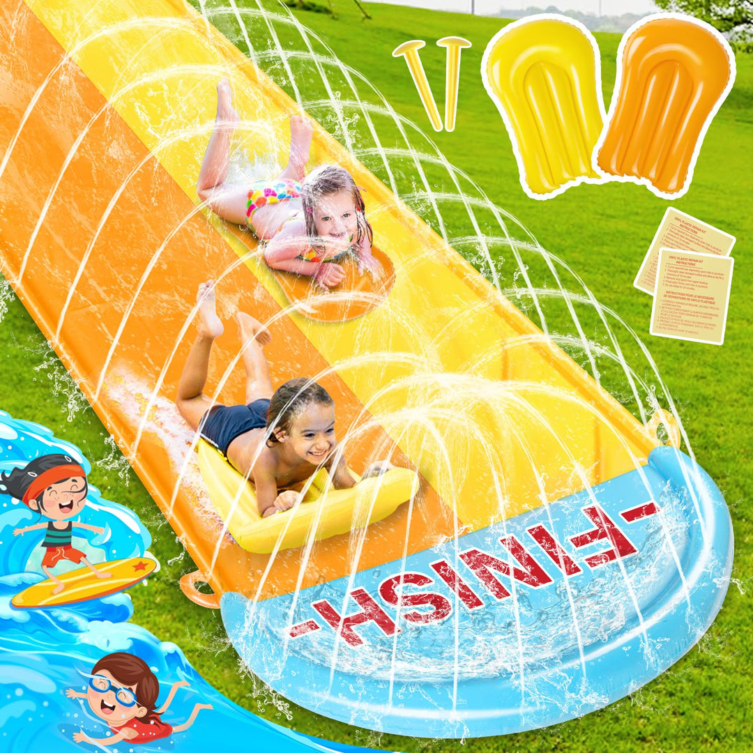 31,16ft/950cm Wasserrutsche Garten, 1.55m Doppelte Aufblasbare Wasserrutsche mit 2 Aufblasbaren Boar
