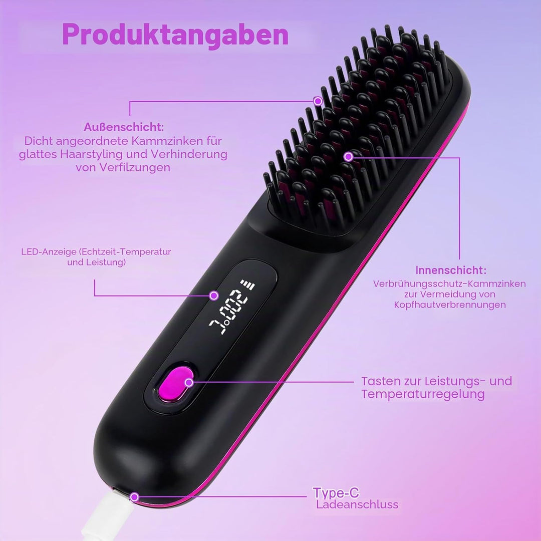 Kabellose Glättbürste, 160-200℃ Glättbürste Kabellose mit LED-Anzeige Und 3 Temperatureinstellung, M