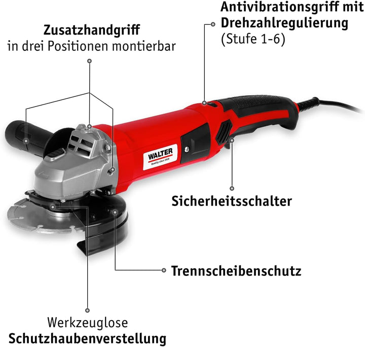 WALTER Winkelschleifer 1200W, 125mm, schwarz/rot, Zusatzhandgriff in 3 Positionen montierbar, Schnel