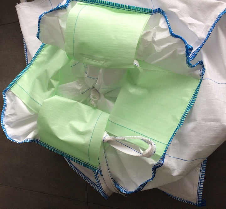 5 Stück Woodbag Big Bag Holz 100x100x160 cm (ohne Inhalt) mit Sternboden (Boden zum Öffnen) mit Netz