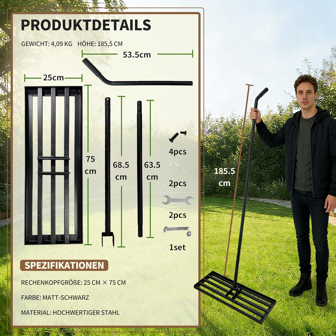Rasen Rakel 75x25cm Rückenschonend, Rasennivellierer mit ergonomisch gebogenem 185cm Griff, Metall N