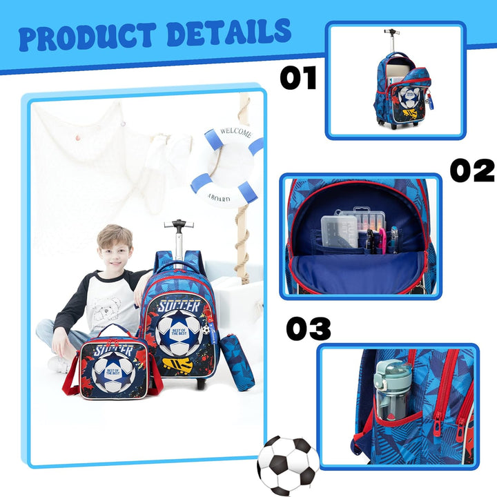 HTgroce Schulranzen mit Rollen, Rucksack mit Trolley für Kinder, für Schule, Reisen, Blau Fu&#xDF;ba