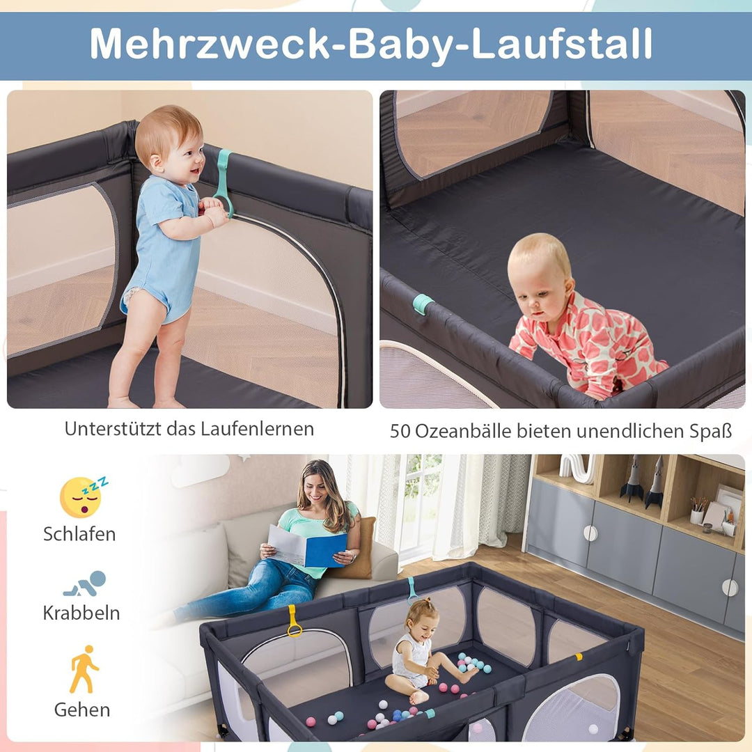 DREAMADE Laufstall Baby, 189 x 158 cm Laufgitter mit 4 Zugringen & 50 Ocean Bällen & Tragetasche, Gr