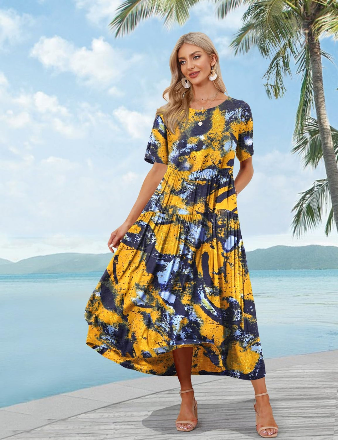 YESNO Damen Kleider Freizeit Lose Sommerkleid Lang Boho Maxikleid für Rundhals Strandkleid Blumenkle