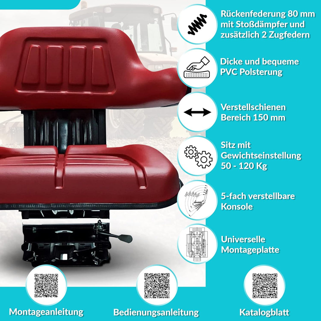 Schleppersitz Traktorsitz Universalsitz Trecker Sitz Oldtimer gefedert KS 44/2V PVC Rot neigungsvers