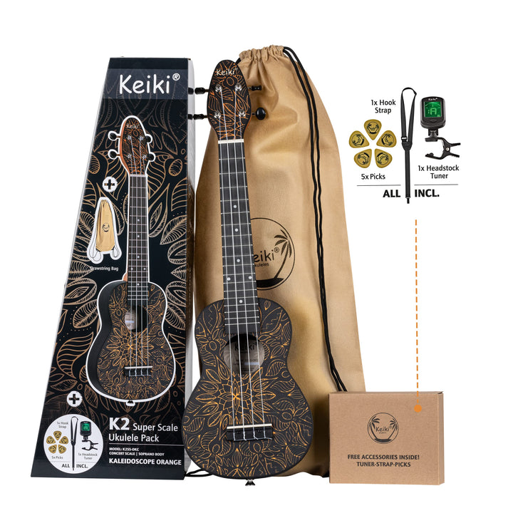 Ortega Guitars Sopran Ukulele orange - Keiki K2 - Starterkit inklusive Tuner, Gurt, 5 Medium Plektre