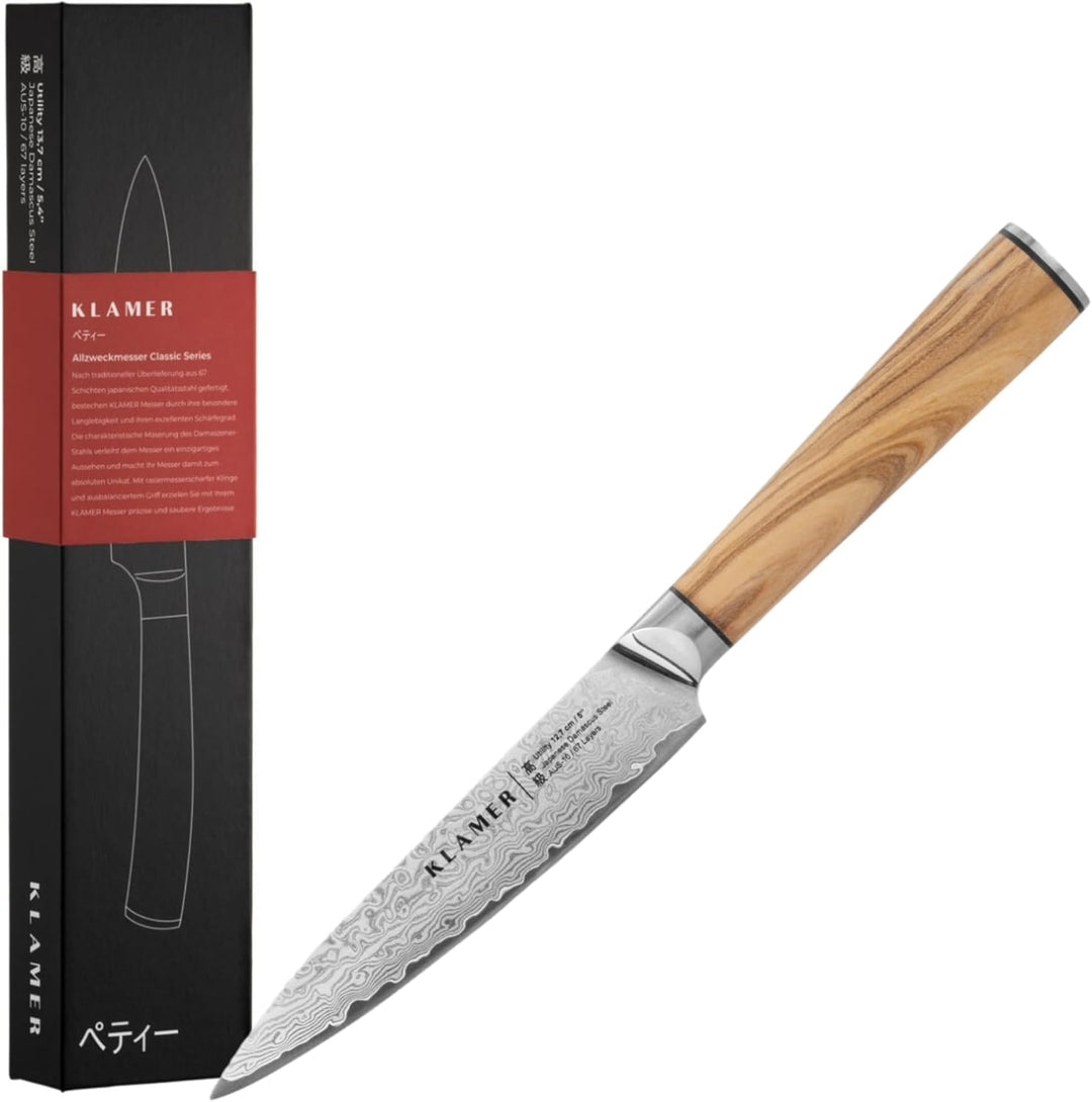 KLAMER Damast Allzweckmesser 12,7cm, scharfes Küchenmesser, Profi Kochmesser aus japanischem Stahl A