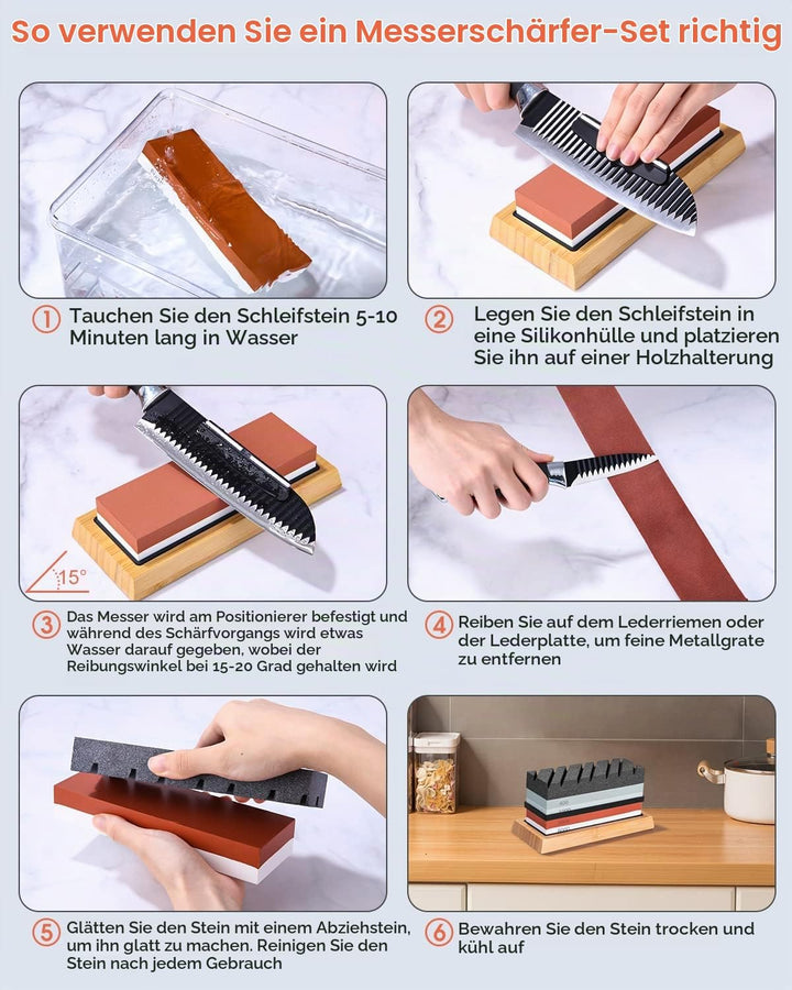 FAOKZE Abziehstein Schleifstein Set 9-in-1, Doppelseitig 400/1000 und 3000/8000 Grit Messerschärfer,