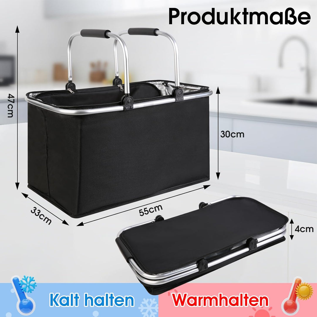 kühlkorb einkaufskorb 47L,Mit Reissverschluss isolierter, Faltbarer Picknickkorb,Klapprahmen aus Alu