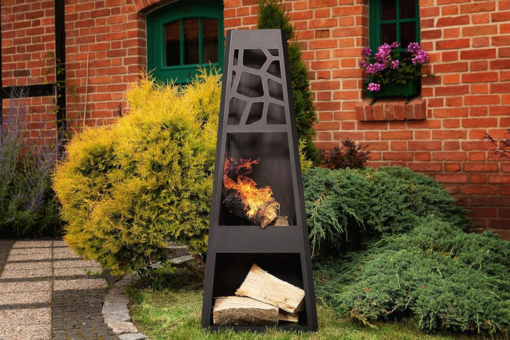 dobar® 35424 Design Metall Gartenkamin | Terrassenofen auf Stahlblech inkl. Stauraum | XL Feuerstell