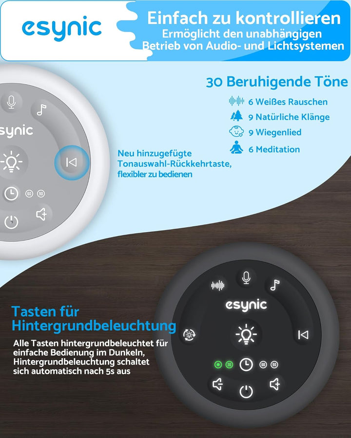 eSynic White Noise Machine Baby Weisses Rauschen Einschlafhilfe LED Nachtlicht Stilllicht mit 30 Klä