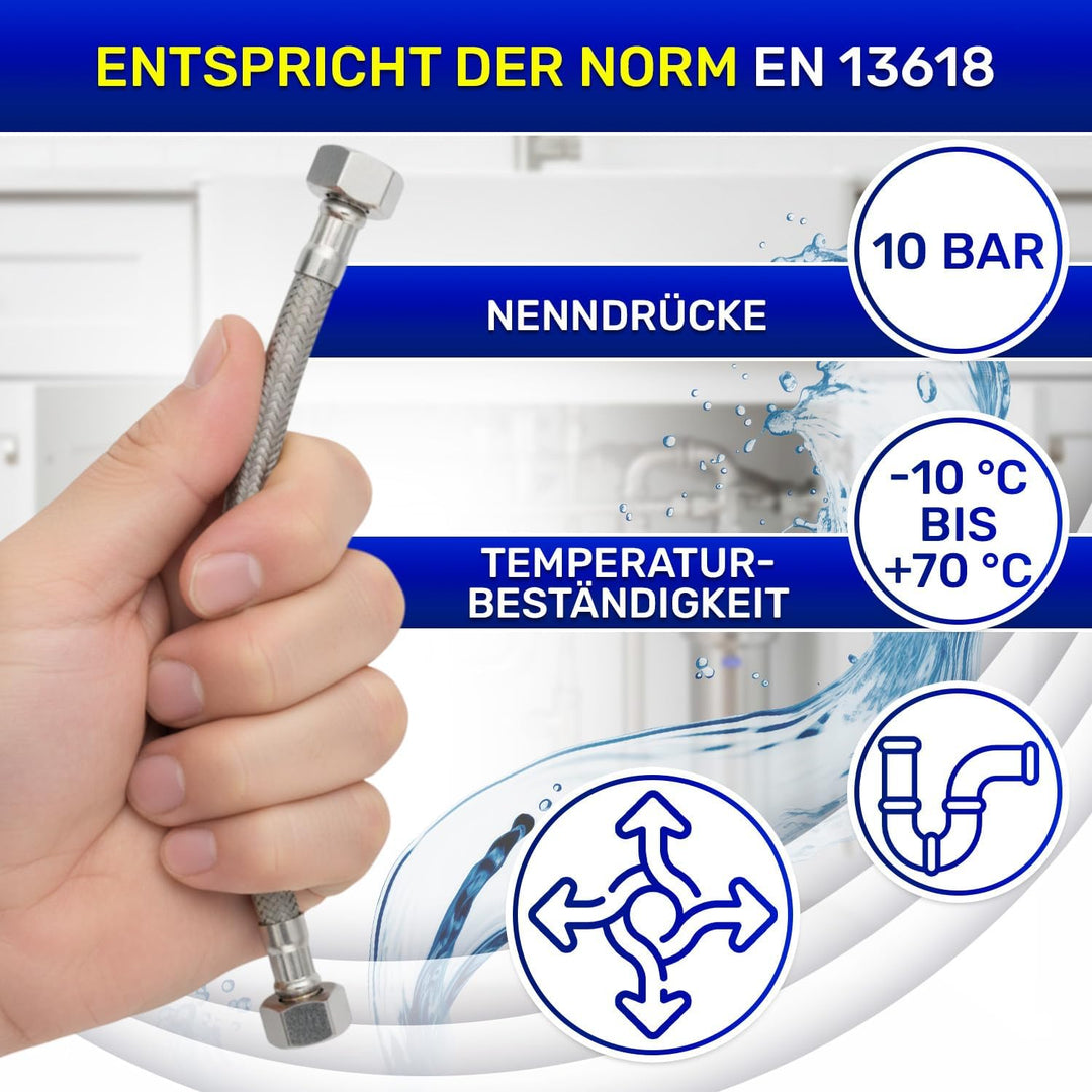 Flexibles Wasseranschluss 25 cm mit Edelstahlgewebe Innengewinde-Innengewinde 1/2” x 1/2” mit einem