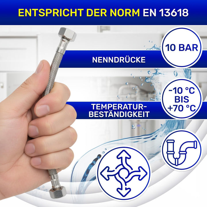Flexibles Wasseranschluss 25 cm mit Edelstahlgewebe Innengewinde-Innengewinde 1/2” x 1/2” mit einem