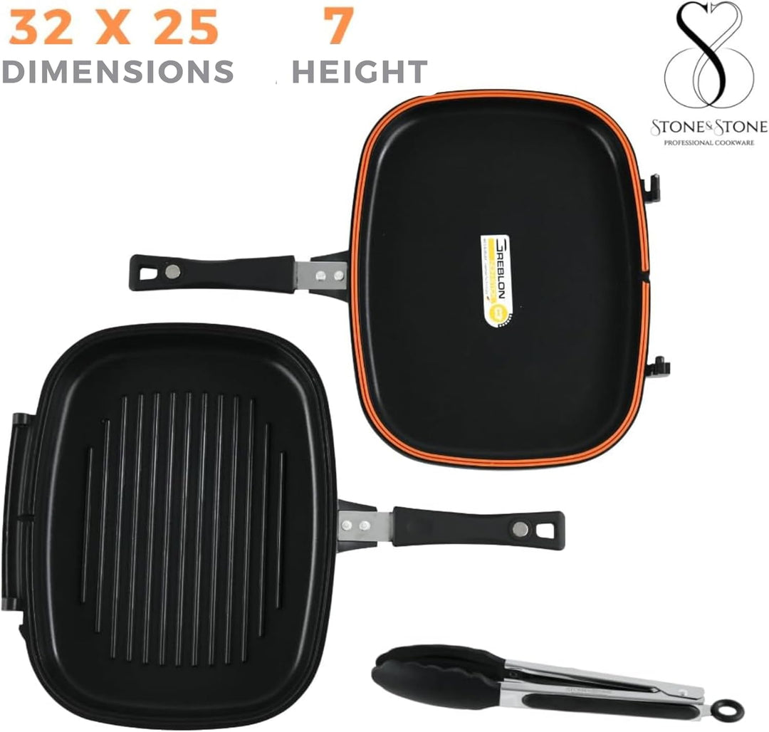Stone&Stone Doppelseitige Grillpfannen 32 cm, steinbeschichtete Antihaftpfannen Deutsche Qualität Gr