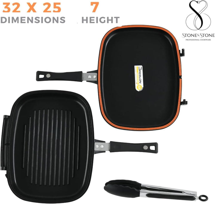 Stone&Stone Doppelseitige Grillpfannen 32 cm, steinbeschichtete Antihaftpfannen Deutsche Qualität Gr