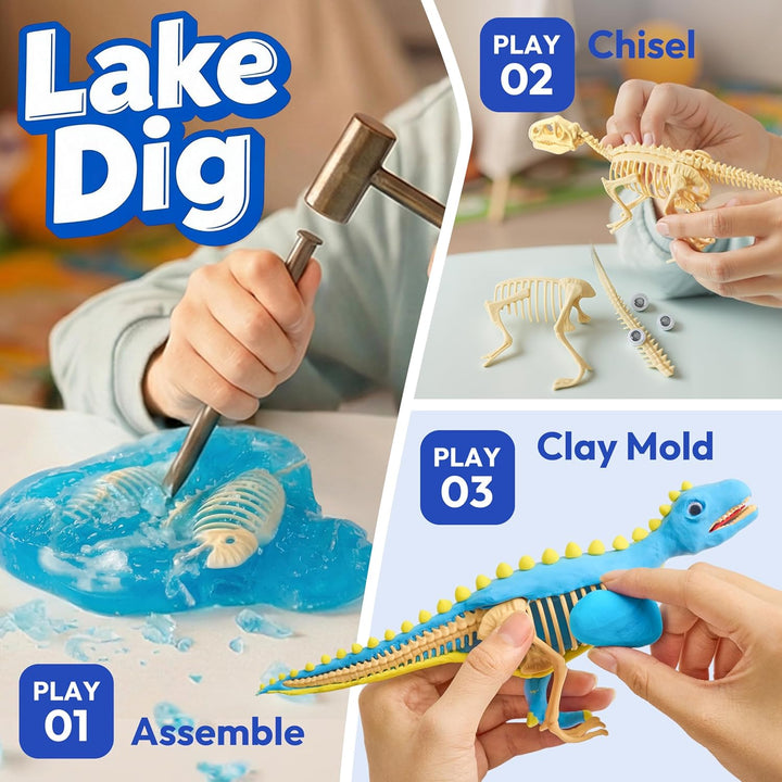 Klever Ausgrabungsset für Kinder, 3-in-1-Dinosaurier Fossilien- Ausgrabungsset (Vulkan See Land), Ba