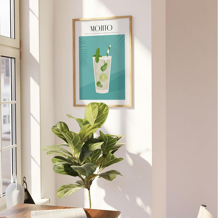JUNOMI® Mojito Poster DIN A2, Cocktail, Longdrink, Bar, Getränke, Cocktail Set | mit Rahmen Natur DI