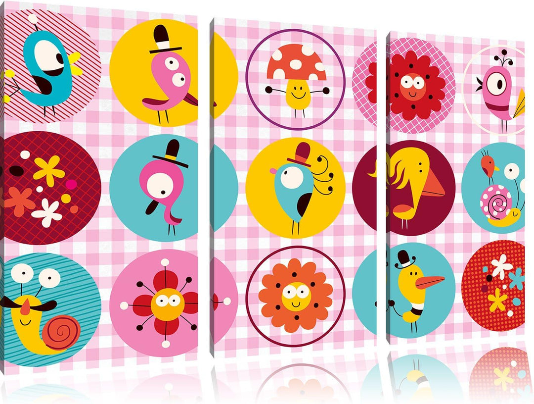 Pixxprint Lustige Tiere und Pflanzen als Leinwandbild/Grösse: 3 Teilig (120x80) cm/Wandbild/Kunstdru