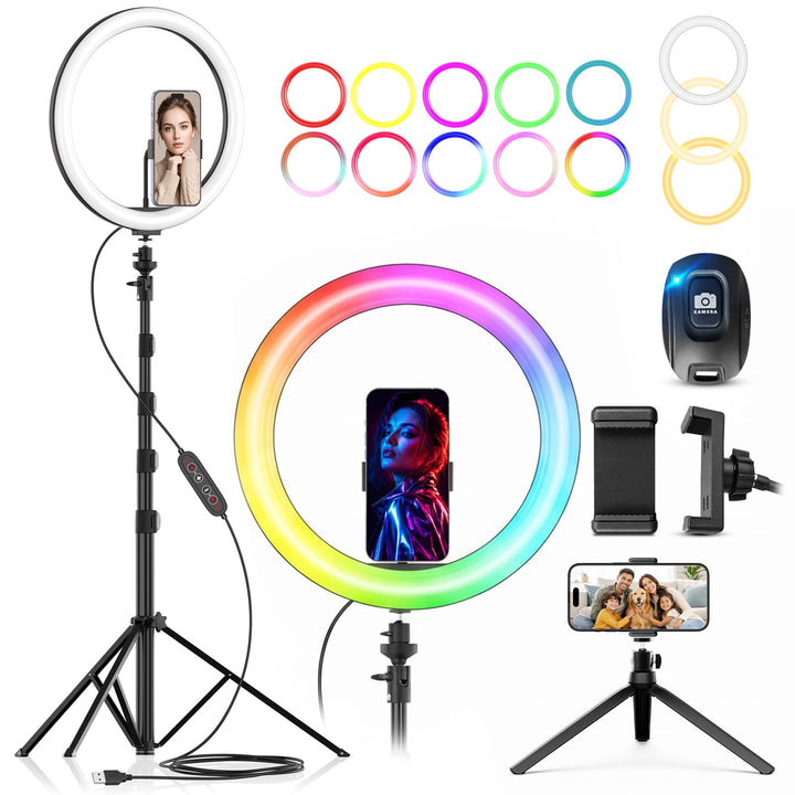 PEYOU 12"/186 cm Selfie Ringlicht mit Stativ Handy,【3-in-1】 Ring Light mit（Tischstativ） 48 RGB-Modi,