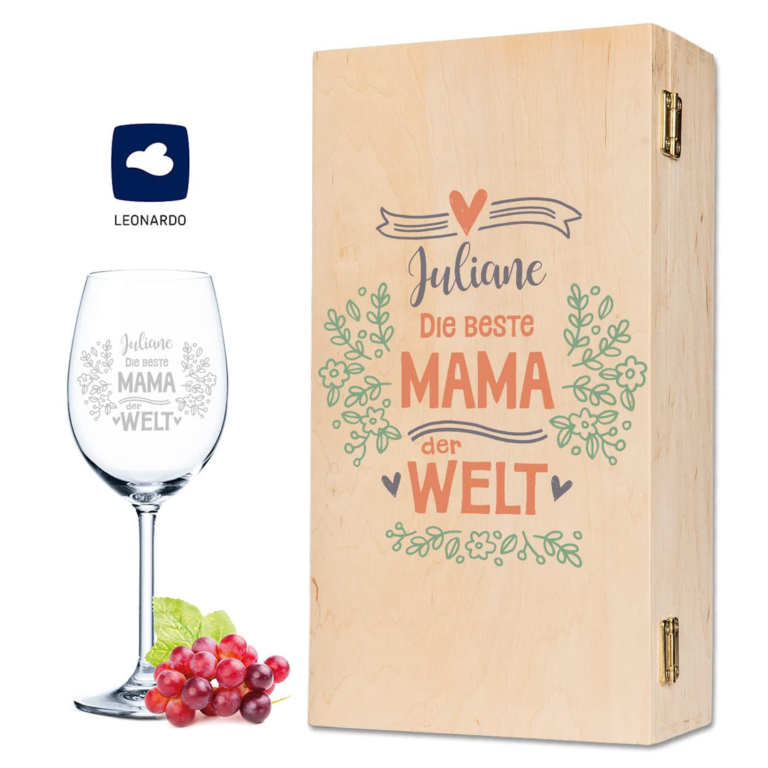 GRAVURZEILE Leonardo Weinglas inkl. Holzkiste - Die beste Mama der Welt Design - Glas mit Lasergravu