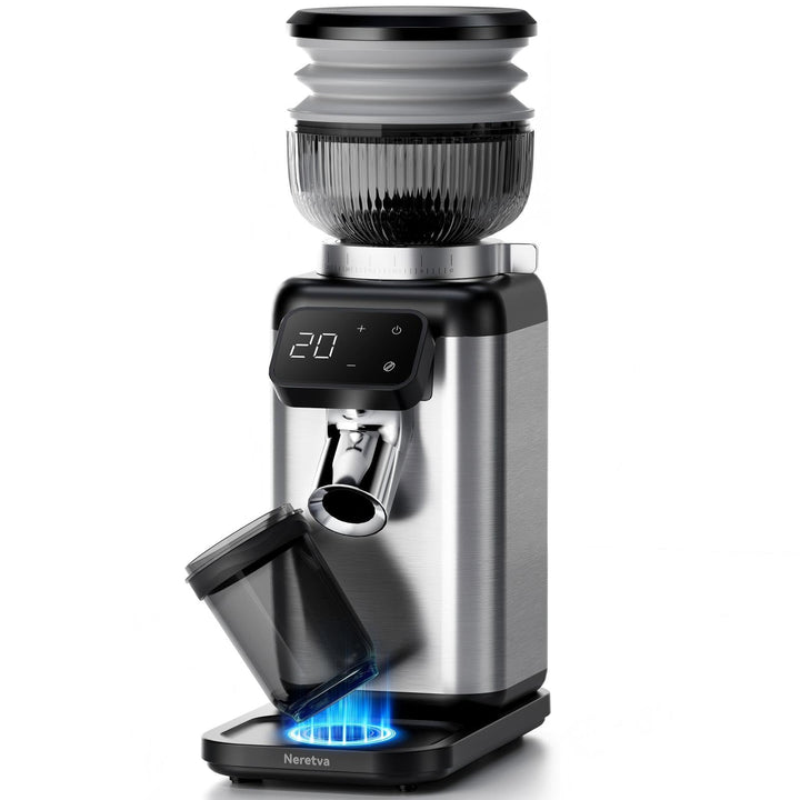 Neretva Kaffeemühle Elektrisch mit Abnehmbarem Halter für Siebträger und Behälter, Silber