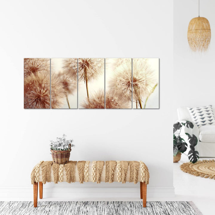 Runa Art Wandbild XXL Blumen Pusteblumen Wohnzimmer Schlafzimmer 200 x 80 cm Beige 5 Teilig - Made i