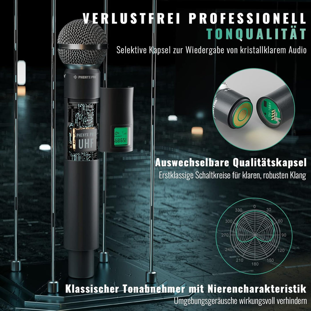 Phenyx Pro 4-Kanal UHF Drahtlos-Mikrofonsystem, Festfrequenz-Mikrofon mit Hand-/Taschen-/Kopfbügel-/