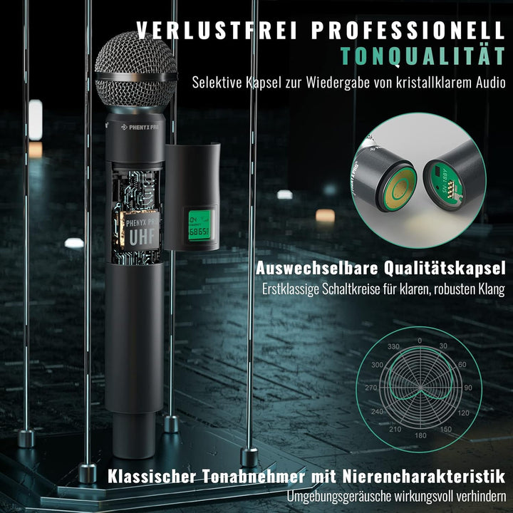 Phenyx Pro 4-Kanal UHF Drahtlos-Mikrofonsystem, Festfrequenz-Mikrofon mit Hand-/Taschen-/Kopfbügel-/