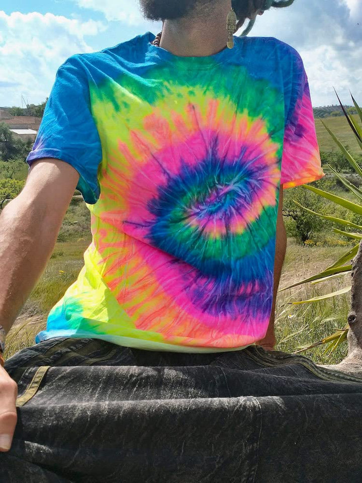 Batik T-Shirt Neon Rainbow Festival Hippie Goa Psytrance (L), L