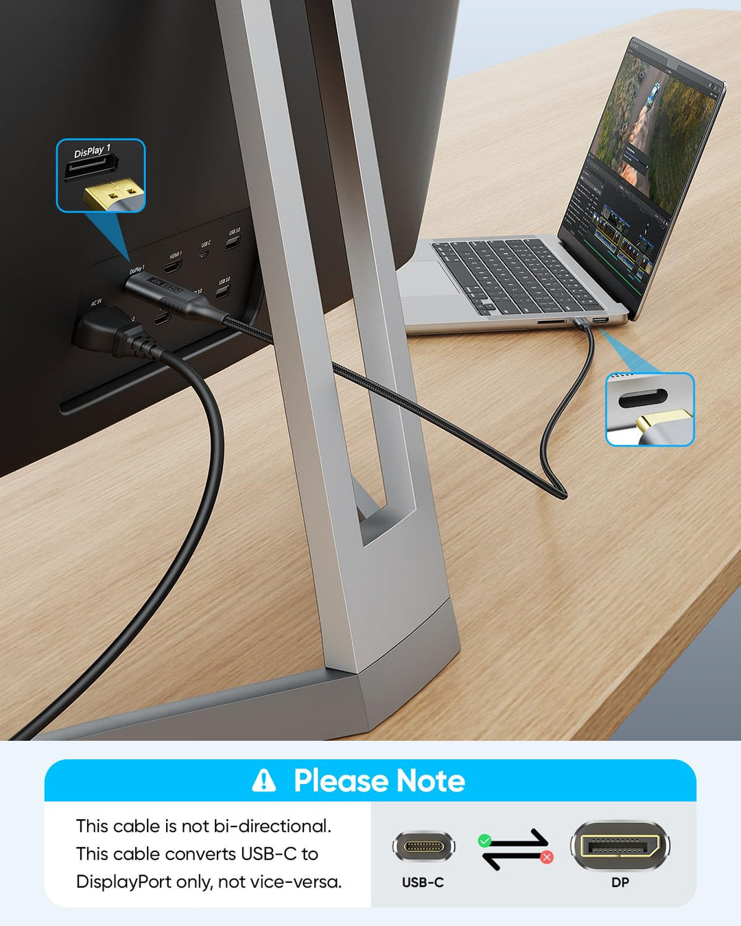 SUNGUY USB-C-auf-DisplayPort-Kabel 1.5M, 8K@60Hz 4K@240Hz, USB C auf DP 32.4Gbps unidirektionales ko