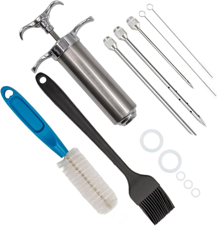 INTIRILIFE Marinierspritze aus Edelstahl Silber - 30 ml Füllmenge - BBQ Bratenspritze mit 3 Nadeln -