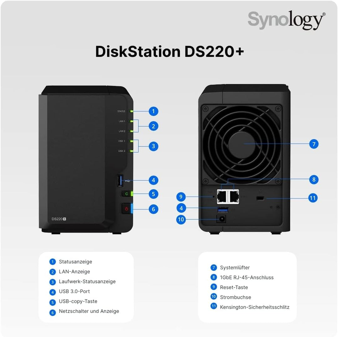 Synology DS220+ 8TB 2 Bay Desktop NAS System, installiert mit 2 x 4TB Seagate IronWolf Festplatten S