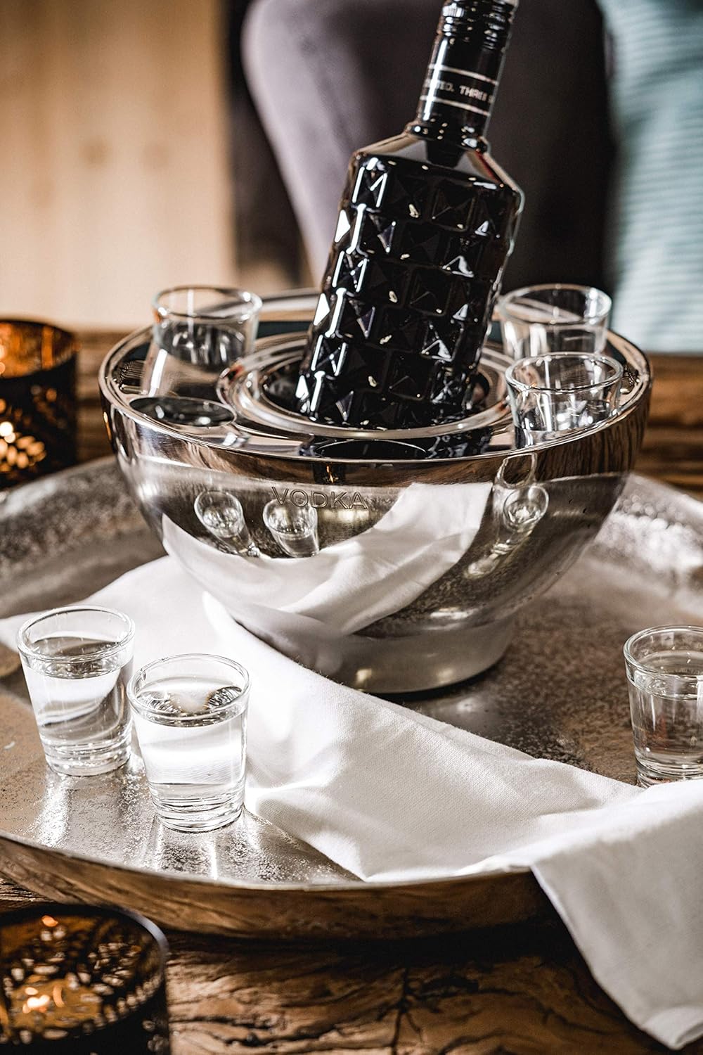 Wodkakühler Wodka Spirituosen Kühler "VODKA" Edelstahl + 6 Shotgläsern Silber, Flaschenkühler Geträn