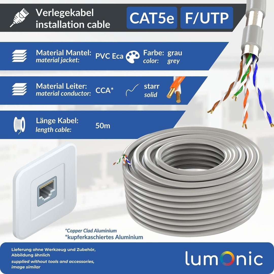 Lumonic LAN Netzwerkkabel 50m | LAN Kabel CAT5e F/UTP | Verlegekabel 4X 2X AWG26/1 (starr) | 100MHz