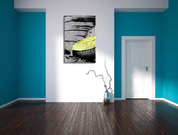 Stein mit Blatt, Format: 100x70 auf Leinwand, XXL riesige Bilder fertig gerahmt mit Keilrahmen, Kuns