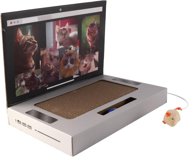 Laptopförmiges Katzenkratzkissen Mit Plüschmaus Aus Alter Zeit. Robuste Wellpappe. Faltbares, Platzs
