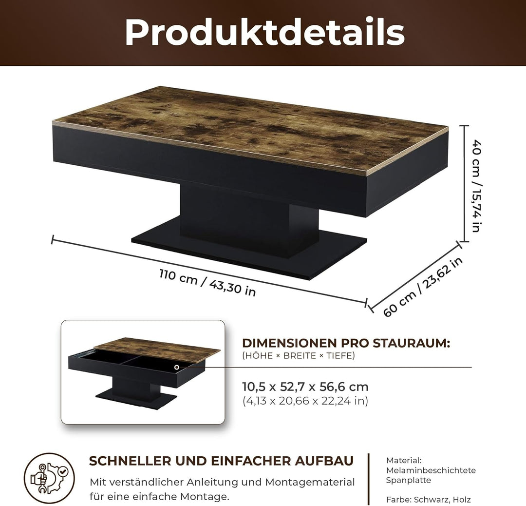 [en.casa] Couchtisch Lünen Wohnzimmertisch mit Stauraum Holzoptik Schwarz Truhentisch Sofatisch mit