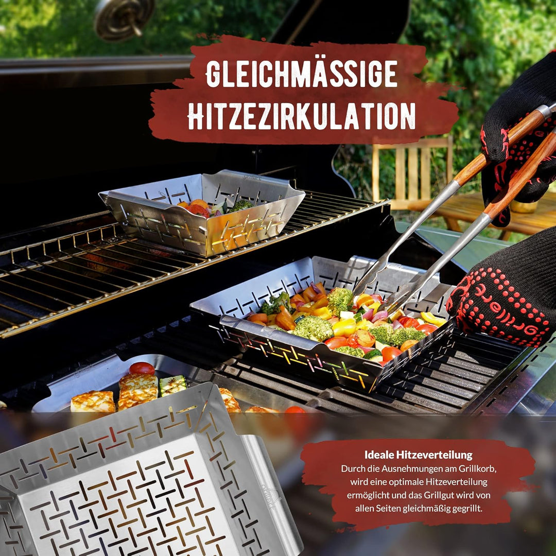 grillart® Premium XL Grillkorb Edelstahl als Gemüsekorb, Fisch Grillkorb und Grillschale verwendbar