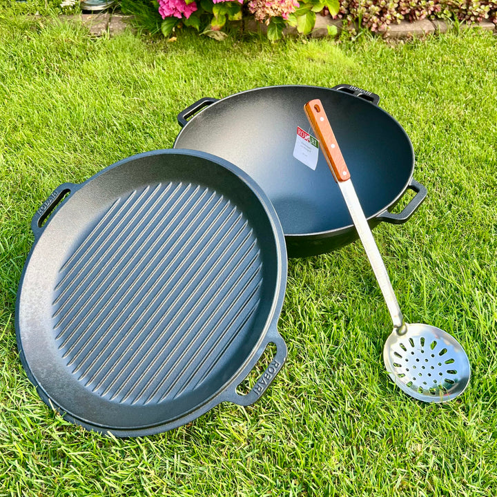 ROBARI Gusseisen Kasan 12 L mit GRILLDECKEL + Schaumlöffel KAZAN Wok Gulaschkessel