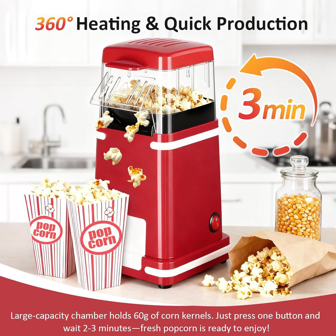 VINATO Popcornmaschine, 1200W Popcornmaschine Heissluft, Ölfreie Technologie, Tragbar Popcorn Maker