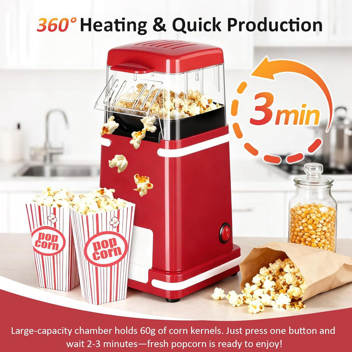 VINATO Popcornmaschine, 1200W Popcornmaschine Heissluft, Ölfreie Technologie, Tragbar Popcorn Maker