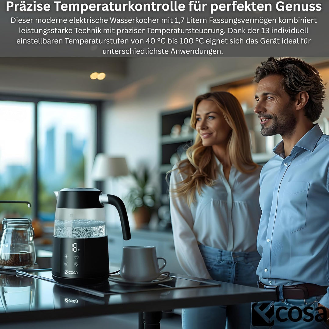 Ecosa® Wasserkocher mit Temperatureinstellung Glas Edelstahl - Teekocher 2.200 Watt 1,7 Liter- BPA F