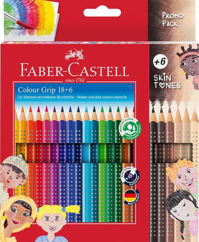 FABER-CASTELL 112819 - Buntstifte Set Colour Grip, 24-teilig, inkl. 6 hautfarben Buntstiften 18+6 ha