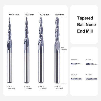 SpeTool 4 Stück 2 Flöten Kugelkopffräser mit Konischer Spitze Fräser CNC Gravierfräser R0,25mm-1,0mm