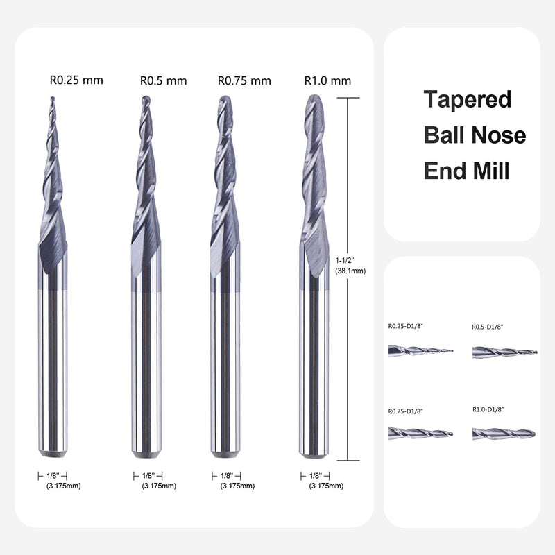 SpeTool 4 Stück 2 Flöten Kugelkopffräser mit Konischer Spitze Fräser CNC Gravierfräser R0,25mm-1,0mm