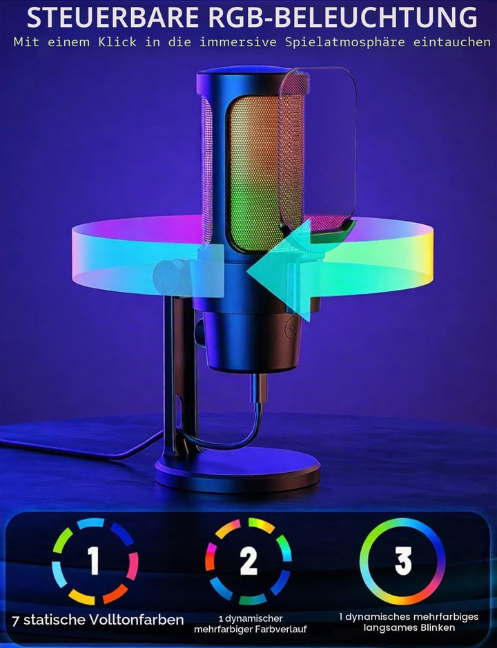 USB Gaming Mikrofon mit Ständer Plug & Play PC Mikrofon mit Mute-Taste, RGB-Beleuchtung, Pop-Filter