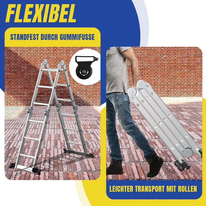 4x3 Mehrzweckleiter 360cm 7 in 1 Alu Leiter mit 2 plattform und 2 Transport Rollen bis 150 kg，Vielzw