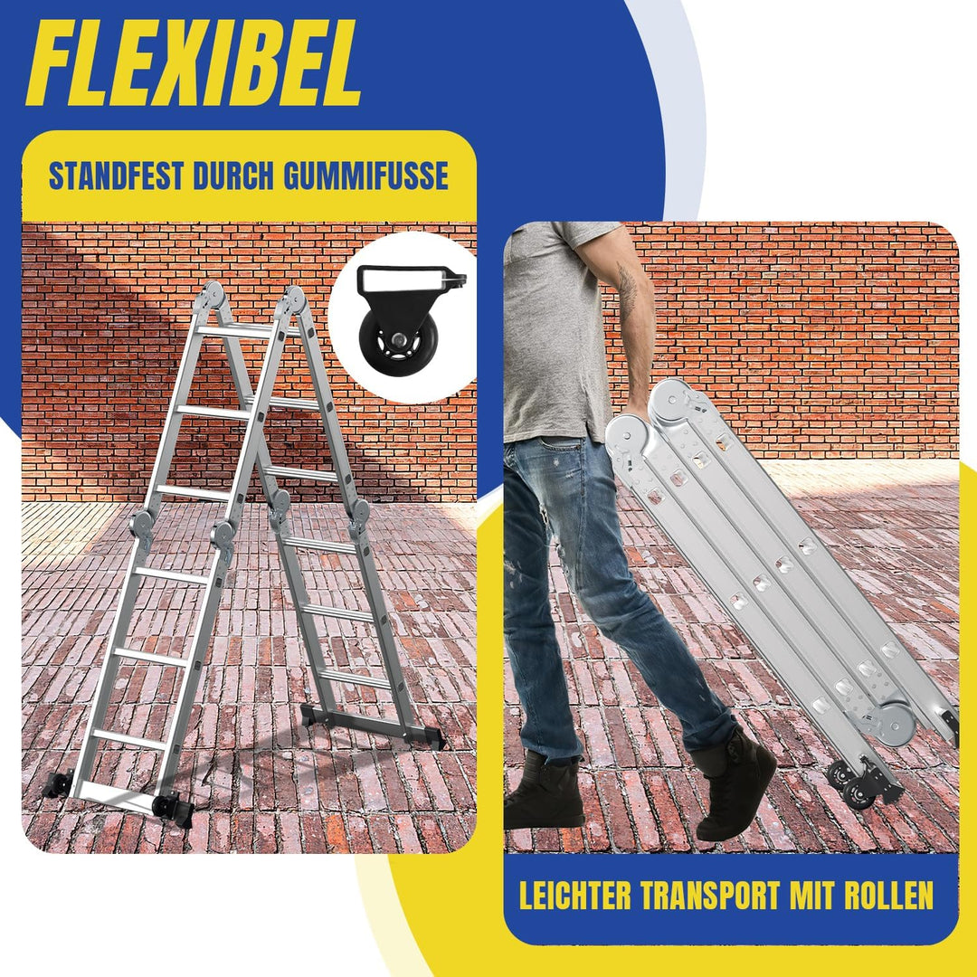 4x3 Mehrzweckleiter 360cm 7 in 1 Alu Leiter mit 2 plattform und 2 Transport Rollen bis 150 kg，Vielzw